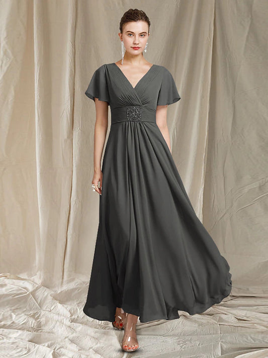 A-Line Mother of the Bride Dress Elegant V Neck Ankle Length Chiffon Short Sleeve with Pleats