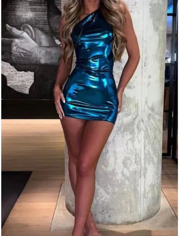 Women's Party Dress Homecoming Dress Wedding Guest Dress Mini Dress Blue Gold Green Sleeveless Pure Color Ruched Summer Spring Fall One Shoulder
