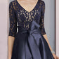 A-Line Mother of the Bride Dress Wedding Guest Vintage Elegant V Neck Ankle Length Satin Lace Half Sleeve with Bow(s)