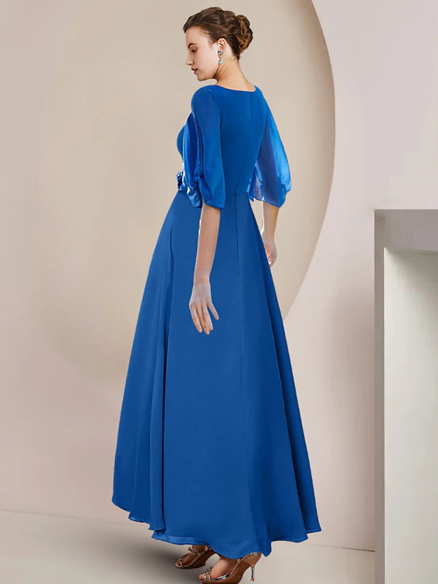 A-Line Mother of the Bride Dress Wedding Guest Party Elegant V Neck Asymmetrical Chiffon Half Sleeve with Crystal Brooch