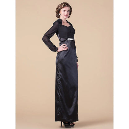 Sheath / Column Mother of the Bride Dress Queen Anne Floor Length Chiffon Stretch Satin Long Sleeve with Sash / Ribbon Beading Side