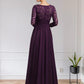 A-Line Mother of the Bride Dress Elegant V Neck Floor Length Chiffon Lace Long Sleeve with Appliques Beautiful