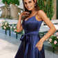 A-Line Bridesmaid Dress V Neck / Spaghetti Strap Sleeveless Sexy Floor Length Charmeuse with Bow(s)