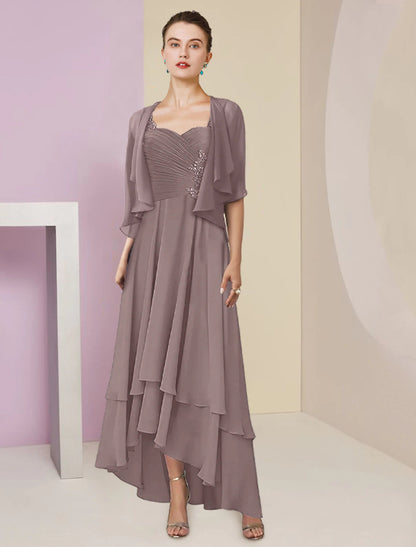 Two Piece A-Line Mother of the Bride Dress Formal Wedding Guest Elegant Square Neck Asymmetrical Tea Length Chiffon Lace 3/4 Length Sleeve Wrap Included with Ruched Tier