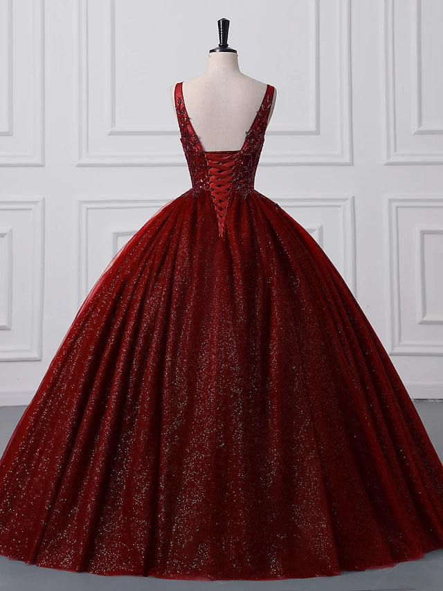 Ball Gown Prom Dresses Sparkle & Shine Dress Quinceanera Floor Length Sleeveless V Neck Tulle with Sequin