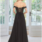 A-Line Evening Gown Floral Dress Wedding Guest Prom Floor Length Sleeveless Off Shoulder Chiffon