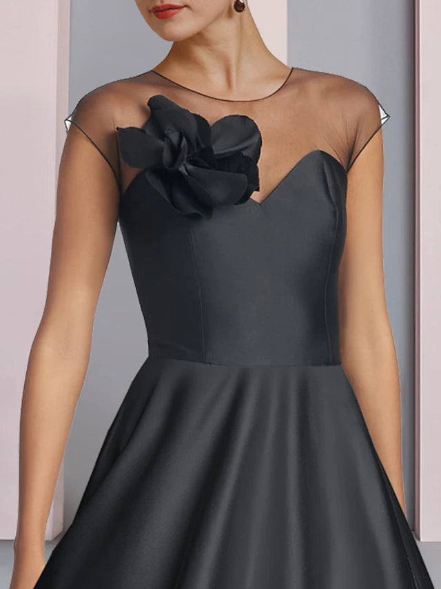A-Line Mother of the Bride Dress Wedding Guest Party Elegant Scoop Neck Tea Length Satin Half Sleeve with Flower