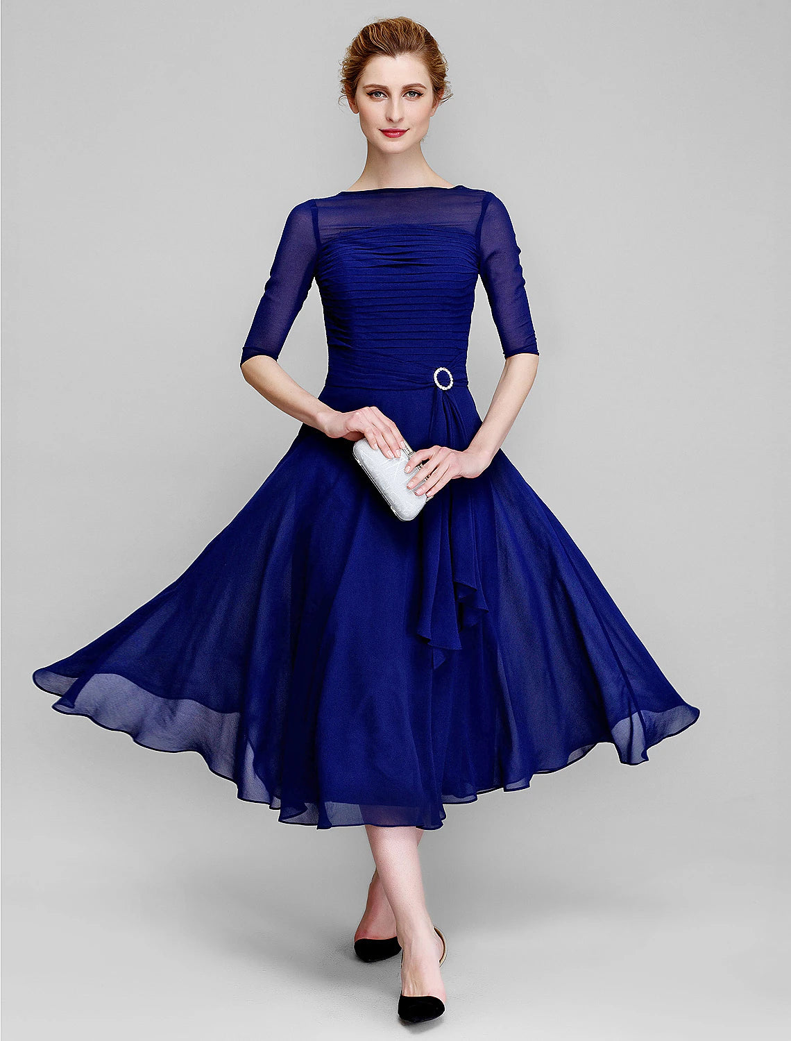 A-Line Mother of the Bride Dress Fall Wedding Guest Dresses Plus Size Elegant Bateau Neck Tea Length Chiffon Half Sleeve