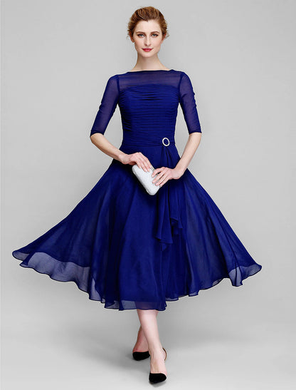 A-Line Mother of the Bride Dress Fall Wedding Guest Dresses Plus Size Elegant Bateau Neck Tea Length Chiffon Half Sleeve