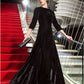 A-Line Black Dress Vintage Wedding Guest Formal Evening Floor Length 3/4 Length Sleeve Jewel Neck Velvet