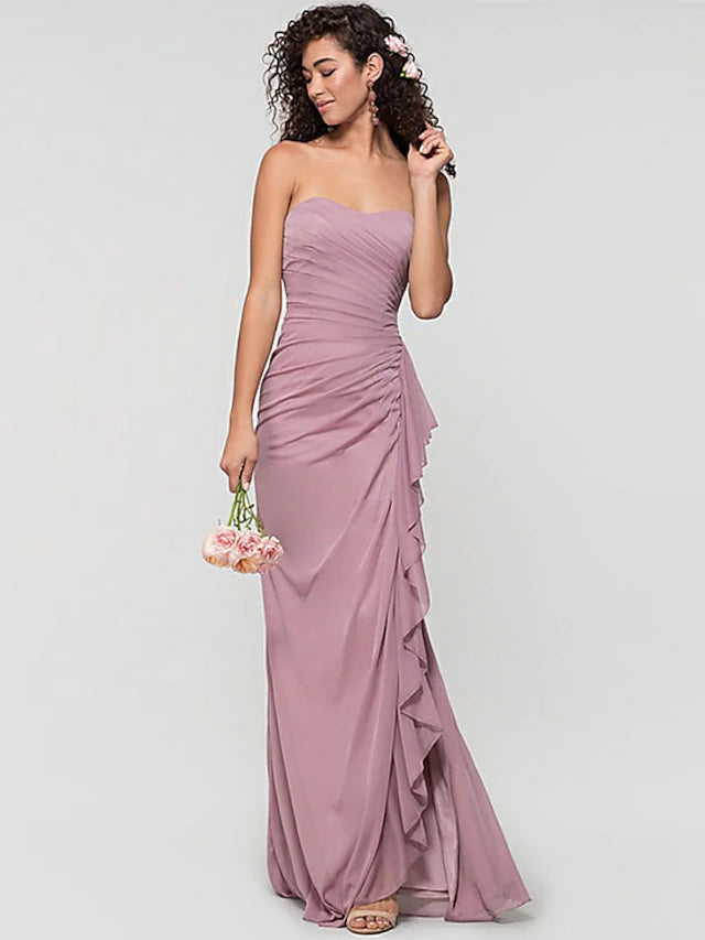 Sheath / Column Bridesmaid Dress Sweetheart Neckline Sleeveless Open Back Sweep / Brush Train Chiffon with Ruffles / Split Front