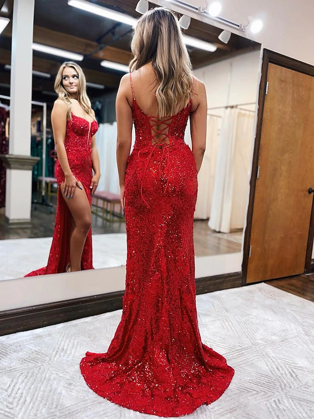 Mermaid / Trumpet Prom Dresses Sparkle & Shine Dress Formal Sweep / Brush Train Sleeveless Spaghetti Strap Sequined Backless