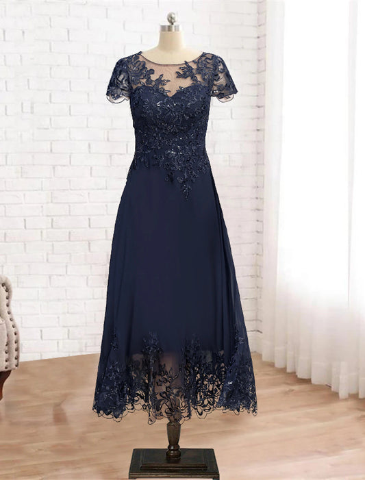 A-Line Mother of the Bride Dress Formal Wedding Guest Vintage Elegant Scoop Neck Tea Length Lace 3/4 Length Sleeve with Sequin