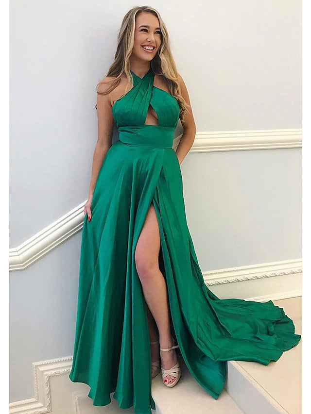 A-Line Prom Dresses Sexy Dress Formal Court Train Sleeveless High Neck Imitation Silk Backless