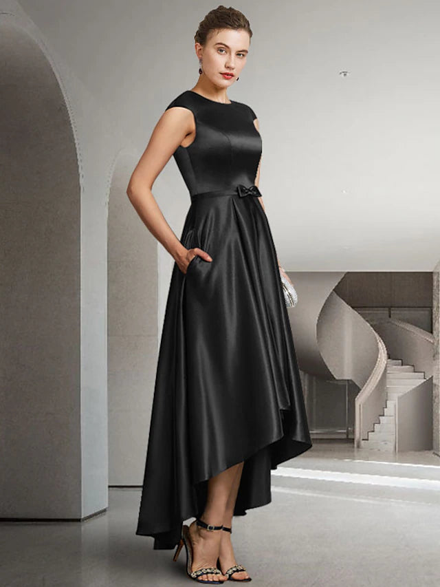 A-Line Mother of the Bride Dress Elegant High Low Jewel Neck Asymmetrical Satin Sleeveless with Bow(s)