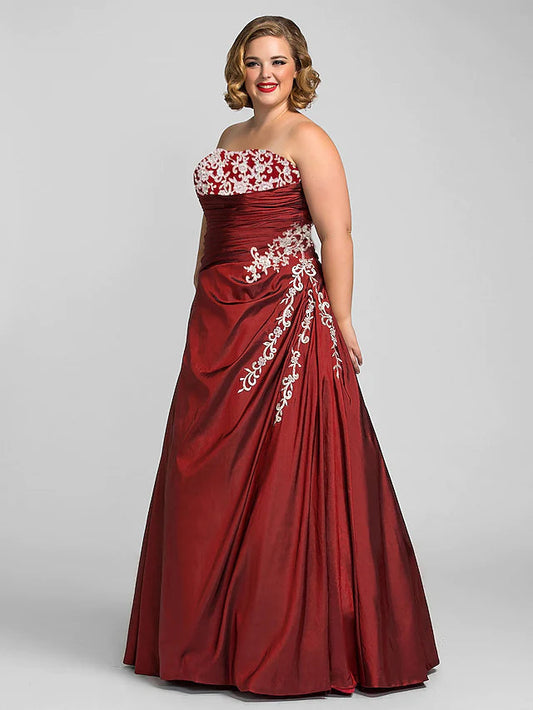 Ball Gown Plus Size Prom Formal Evening Dress Strapless Sleeveless Floor Length Taffeta with Beading=