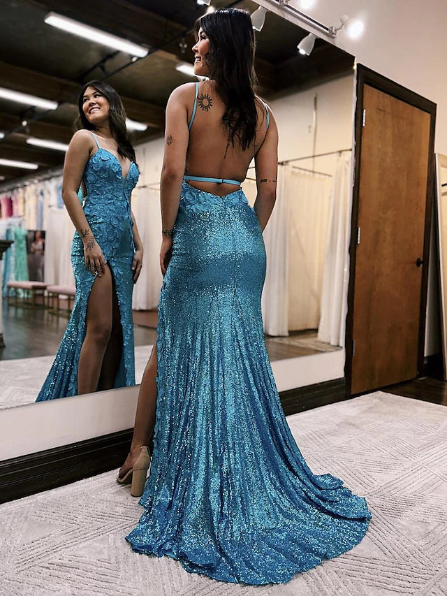 Mermaid / Trumpet Prom Dresses Sparkle & Shine Dress Formal Sweep / Brush Train Sleeveless V Neck Sequined Backless with Sequin