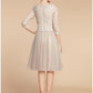 A-Line Mother of the Bride Dress Wedding Guest Elegant Petite Jewel Neck Knee Length Lace Tulle Half Sleeve with Pleats