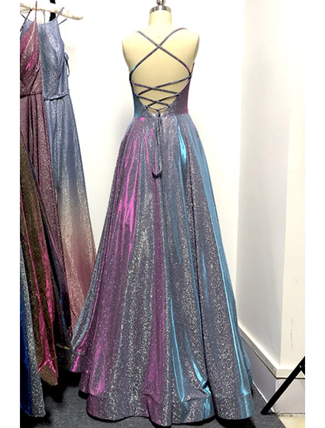 A-Line Prom Dresses Sparkle & Shine Dress Formal Floor Length Sleeveless Strapless Pocket Stretch Satin Backless with Slit