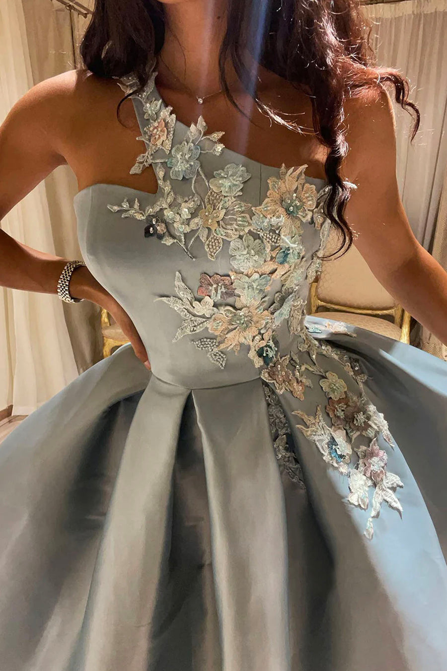 Cute One Shoulder Satin Lace Short Prom Dress A-Line Party Dress Sexy