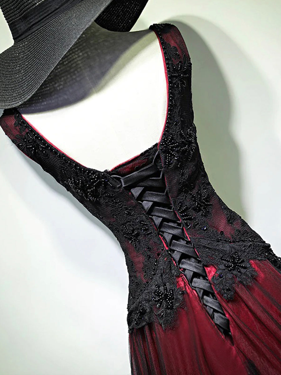 Black and Red V-Neck Lace Long Prom Dress Beautiful A-Line Evening Party Dress Sexy