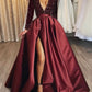 A-Line/Princess V-Neck Long Prom Dresses With Split Side & Sequins Sparkly