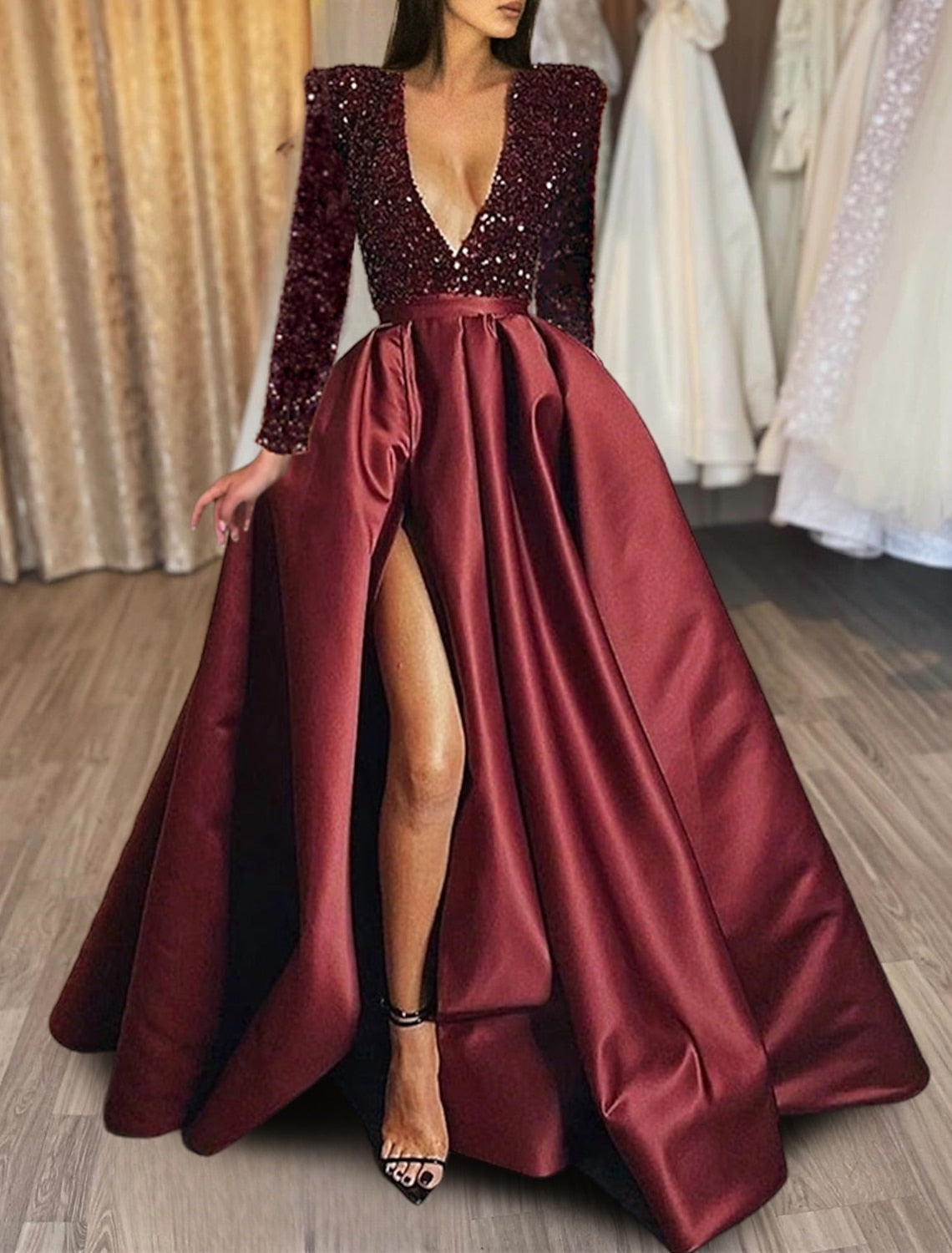 A-Line/Princess V-Neck Long Prom Dresses With Split Side & Sequins Sparkly