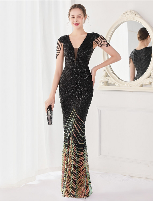 Mermaid / Trumpet Evening Gown Elegant Dress Wedding Guest Floor Length Sleeveless V Neck Sequined