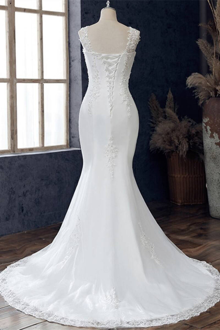 White Lace Round Neck Sleeveless Trumpet Wedding Dress Long