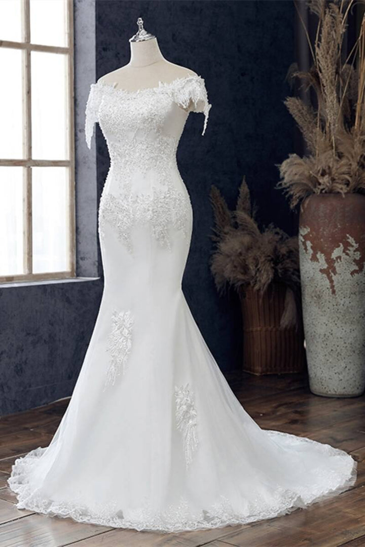 White Appliques Off-the-Shoulder Cap Sleeve Trumpet Wedding Dress Long