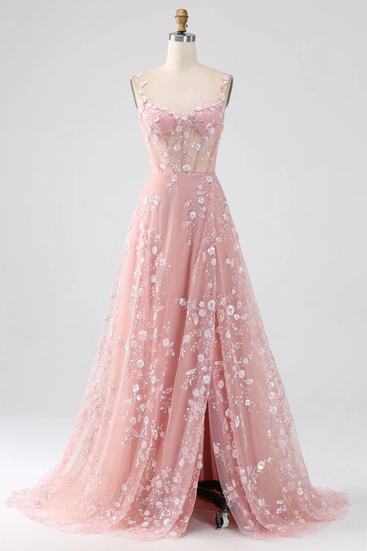 A-Line Corset Prom Dress With Beautiful Flower