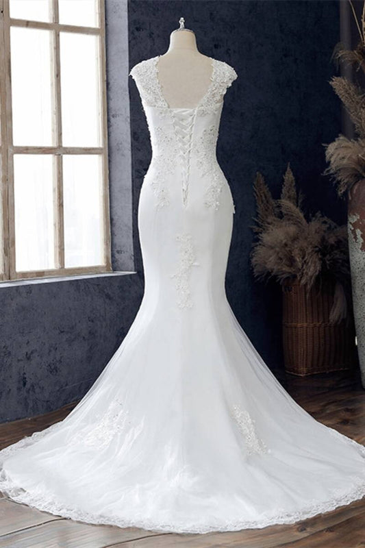 White Appliqués V-Neck Cap Sleeve Trumpet Wedding Dress Long