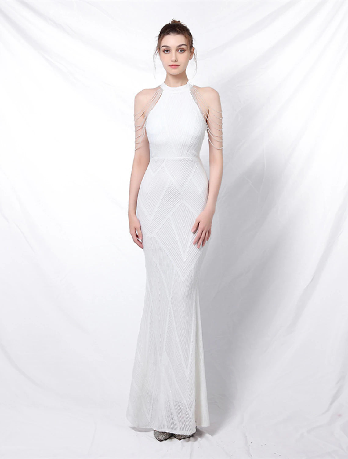 Mermaid / Trumpet Evening Gown Sparkle & Shine Dress Formal Floor Length Short Sleeve High Neck Sequined Backless with Crystals