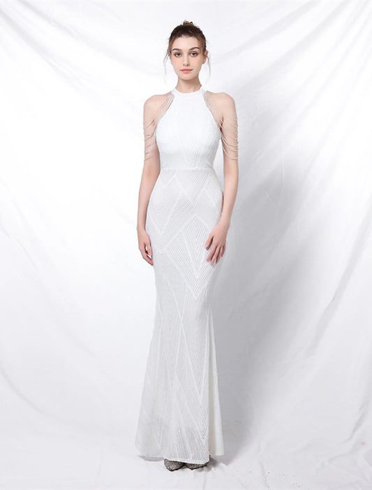 Mermaid / Trumpet Evening Gown Sparkle & Shine Dress Formal Floor Length Short Sleeve High Neck Sequined Backless with Crystals