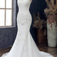 White Appliqués V-Neck Cap Sleeve Trumpet Wedding Dress Long