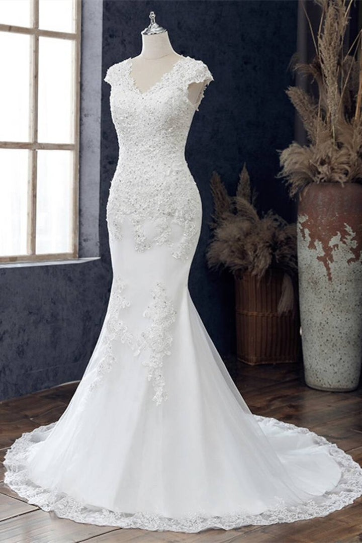 White Appliqués V-Neck Cap Sleeve Trumpet Wedding Dress Long