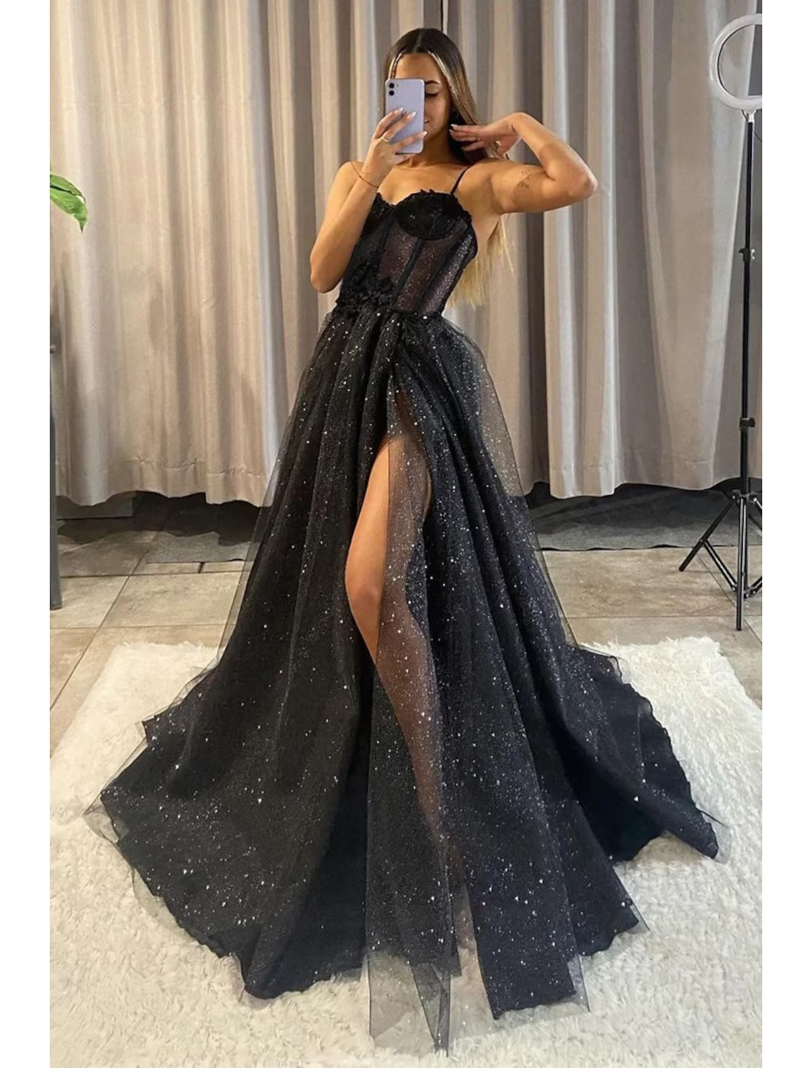 A-Line Prom Dresses Glitter Formal Gothic Dress Graduation Floor Length Sleeveless Sweetheart Spaghetti Tulle Party Dresses
