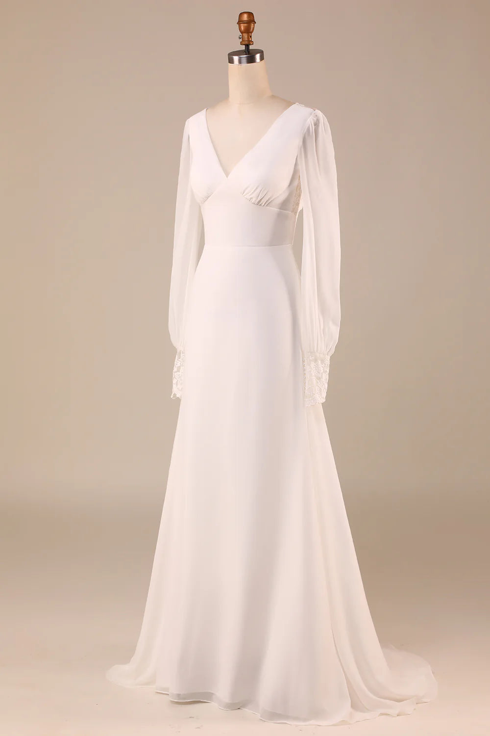 Open Back Wedding Dress with Long Sleeves V-neck