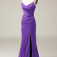 Spaghetti Straps V-neck Sheath Satin Bridesmaid Dress with Slit Pure Color