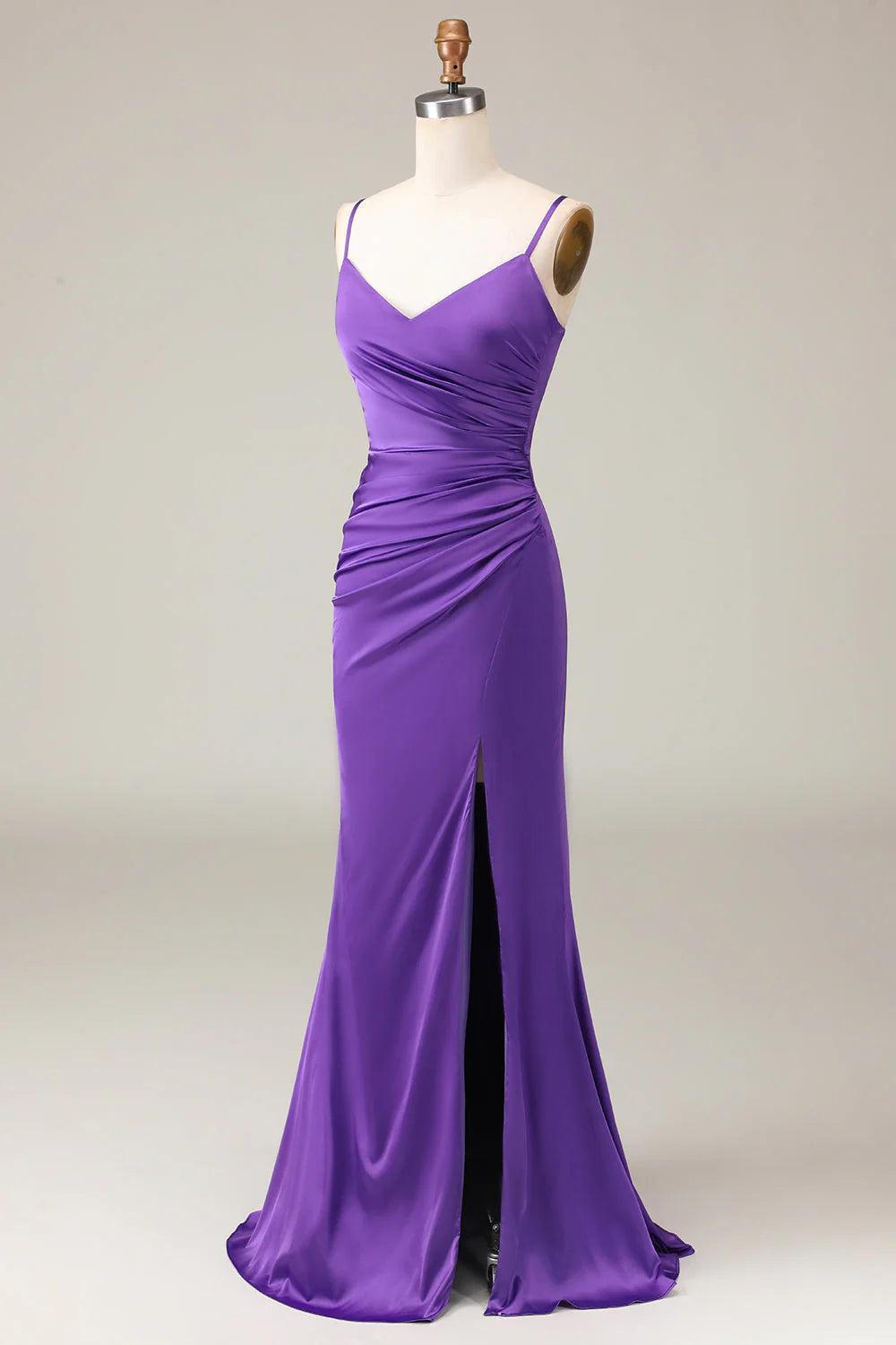 Spaghetti Straps V-neck Sheath Satin Bridesmaid Dress with Slit Pure Color