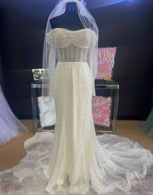 Sheath Column The Shoulder Wedding Dress With Sequin Off Shoulder Sparkly Without Headscarf