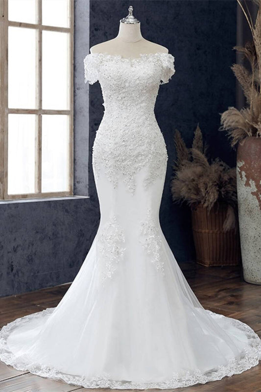 White Floral Lace Off-the-Shoulder Trumpet Wedding Dress Long