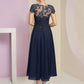 Two Piece A-Line Mother of the Bride Dress Formal Elegant Scoop Neck Tea Length Chiffon Lace Short Sleeve Wrap Included with Pleats Sequin