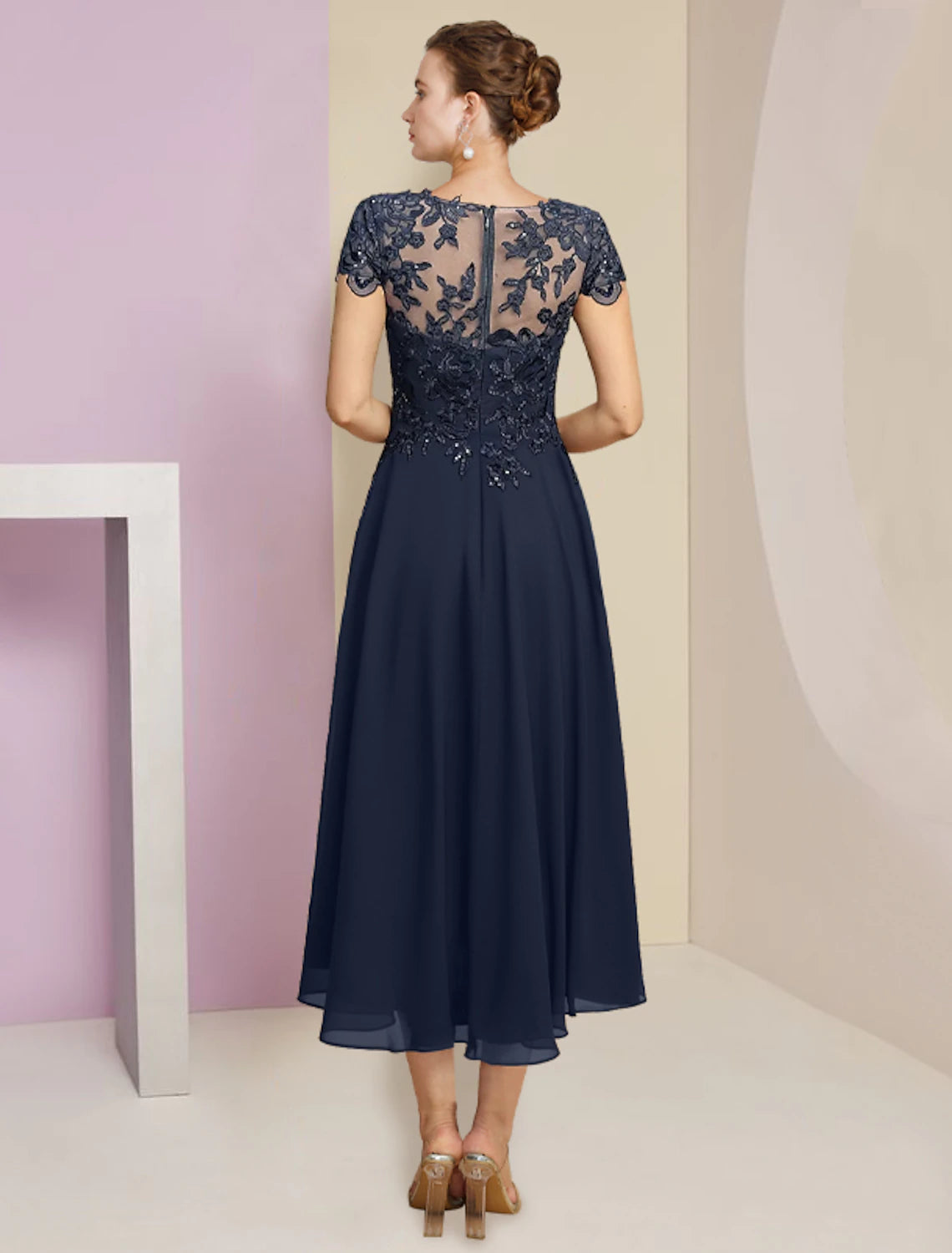 Two Piece A-Line Mother of the Bride Dress Formal Elegant Scoop Neck Tea Length Chiffon Lace Short Sleeve Wrap Included with Pleats Sequin