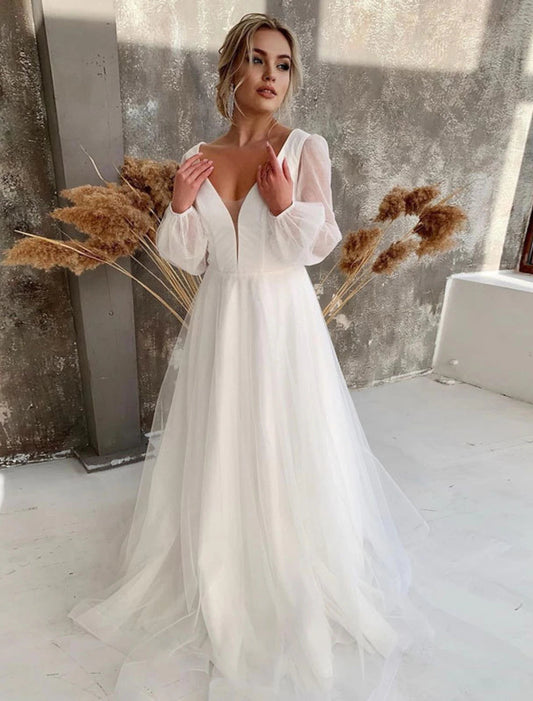 Reception Casual Fall Wedding Dresses A-Line V Neck Long Sleeve Floor Length Tulle Bridal Gowns