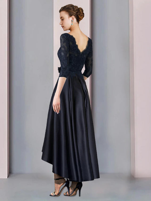 A-Line Mother of the Bride Dress Wedding Guest Elegant High Low Scoop Neck Asymmetrical Tea Length Satin Lace 3/4 Length Sleeve with Pleats Appliques