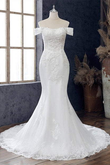 White Lace Off-the-Shoulder Mermaid Wedding Dress Long