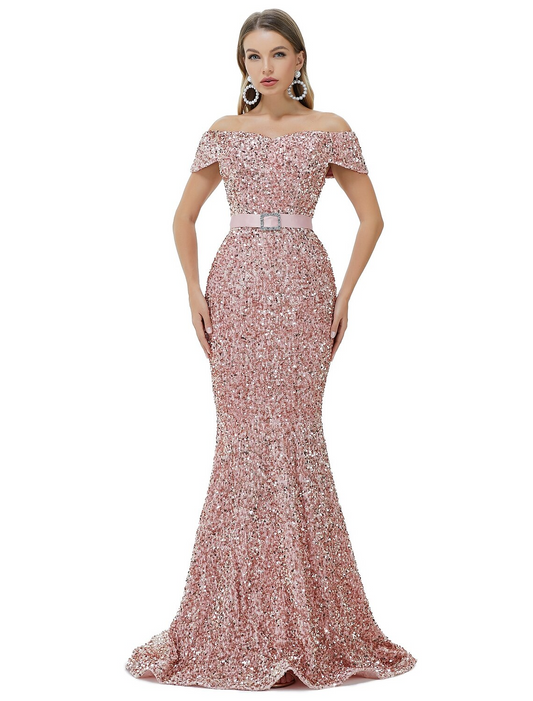 Mermaid / Trumpet Sparkle bodycon Engagement Formal Evening Dress Off Shoulder Cowl Back Sleeveless Court Train Sequined