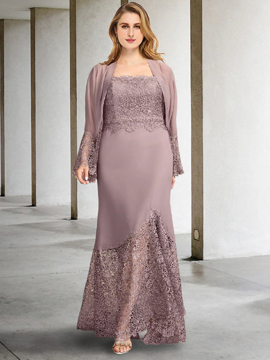 Two Piece A-Line Plus Size Curve Mother of the Bride Dresses Elegant Dress Formal Asymmetrical Sleeveless Square Neck Chiffon with Appliques