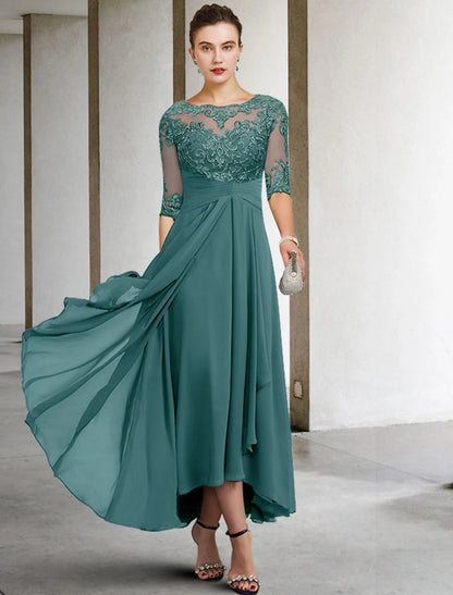 A-Line Mother of the Bride Dress Fall Wedding Guest Dresses Plus Size Elegant High Low V Neck Asymmetrical Ankle Length Chiffon Lace Half Sleeve with Beading